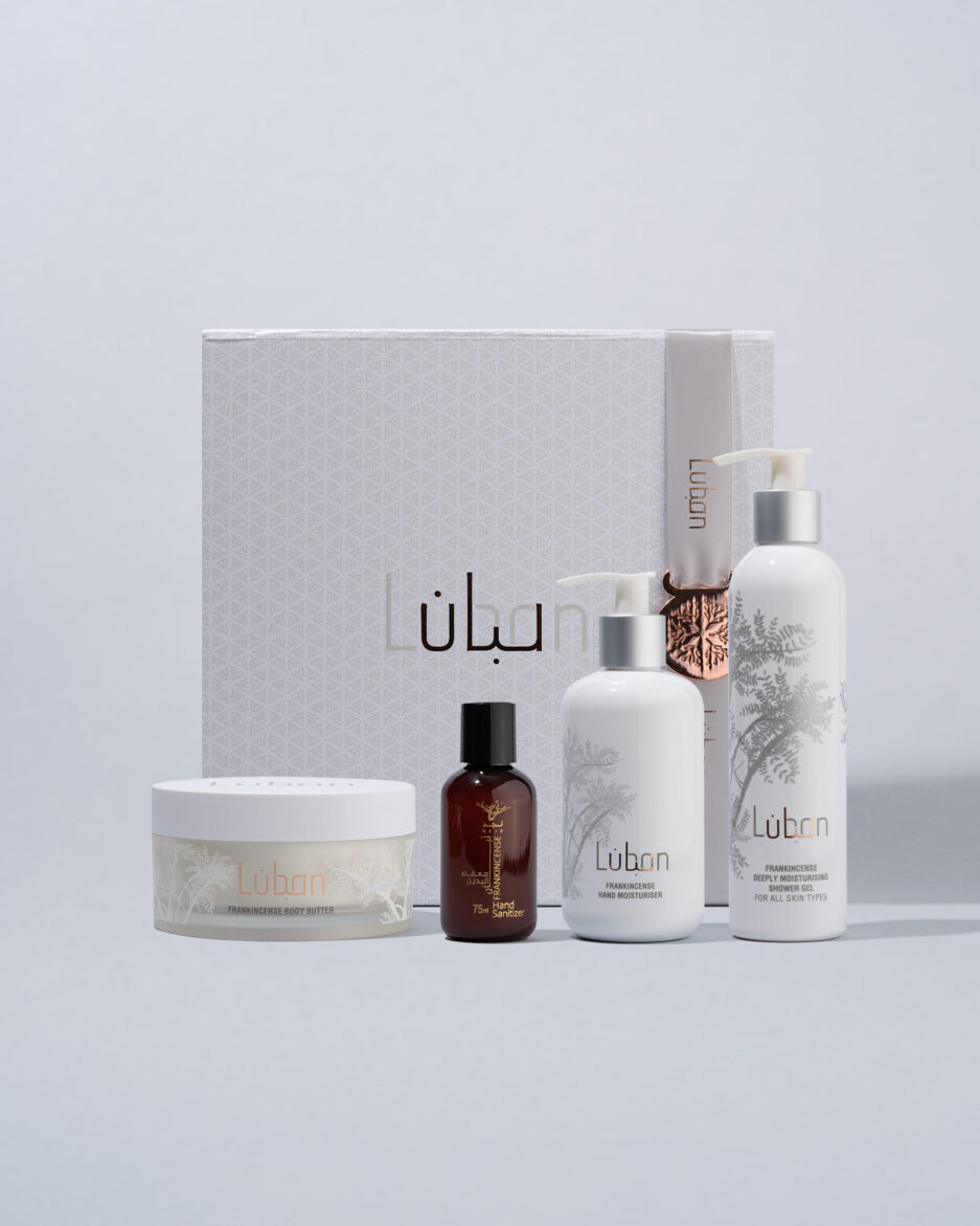 Gift Box with nourishing items for the body displayed outside it